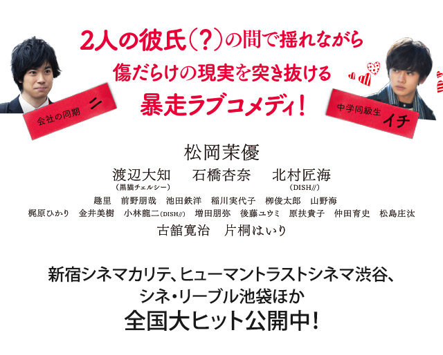 映画『勝手にふるえてろ』公式サイト。全国大ヒット公開中！ 新宿シネマカリテ、ヒューマントラストシネマ渋谷、 シネ・リーブル池袋ほか。出演：松岡茉優　渡辺大知（黒猫チェルシー）　石橋杏奈　北村匠海（DISH//）古舘寛治　片桐はいり
